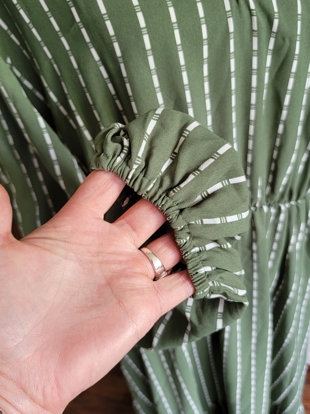 Women's Green Striped V-Neck Midi Dress - Picture 6 of 11